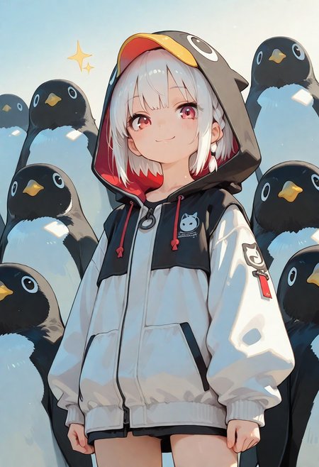 4K, finely detailed, masterpiece, intricate details, beautiful detailed, delicate, best quality, ray tracing, 
1girl, solo, white hair, short hair, braid, red eyes, eye focus, sparkle, penguin hood, hooded jacket, hood up, cute smile, cute looking, looking at viewer, S4bit4mago_illu, too many, animal, anime style, penguins, cowboy shot,
outdoor, daylight, sunshine, icy,