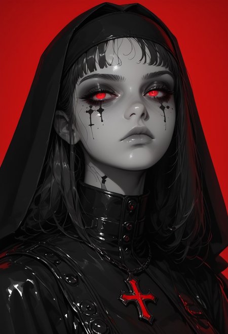 **masterpiece, score_9, score_8_up, hyper-detailed, 8K, full body illustration, regal medieval clothing, robe, long black hair, chromecore, metallic silver skin, red background, sinozick style, flat color, simple background, dark and blue tones, vibrant colors, colorful, expressionless, serious, dark vibes, dark fantasy, armor details, monochrome highlights, colored skin, gradient effects, mythp0rt, polished textures, dramatic lighting, surreal elegance, intricate details, minimalistic backdrop, striking composition, ethereal glow, moody aesthetic** morimee_style, cute face, nun,latex,bdsm outfit, sinozick style, flat color, dark theme