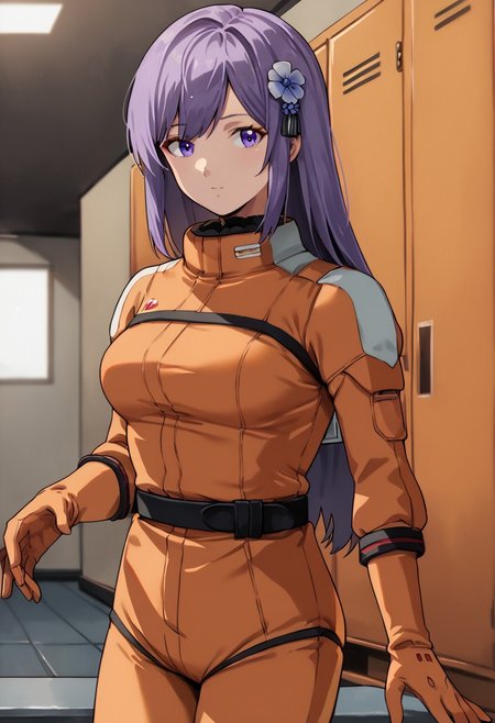 zPDXL3, asano_ruri, purple eyes,  long hair, purple hair, hair ornament,  virtual youtuber,bangs,hair flower, medium breasts,orange spacesuit, orange gloves, grey belt,cowboy shot, locker room, looking at viewer
