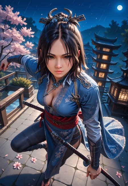 score_9, score_8_up, score_7_up, zPDXL3, Photorealistic, real photo, realistic, dynamic pose, dramatic angle, dramatic light, wide shot, 
1girl, Naoe, brown eyes, short black hair, (((blue))) wavemother_robe, baldurs_gate3, ((blue)) dress, side slit, belly chain, cleavage, center opening, arm guards, sexy, slim body, athletic body, ((medium breasts)), ((barefoot)), jewelry, plunging neckline, long legs, slender posture, hourglass figure, parted lips, scenery, seductive pose, <lora:Wavemother_robe:1>, ((oriental ornament:1.4)), looking at viewer, eager, flirty eyes, adorable girl, perfect face, ((dynamic pose, dramatic angle)), ((wielding a katana, flying attack pose, from above, focus katana close in front))
confident look, night time, raining outside, (detailed background: sakura tree, night time, at night, feudal japan, darkness, moon, village, vista, cherry blossoms)