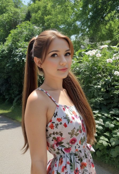 28yo girl, pretty, brown long hair, ponytail,(flower printed summer dress)