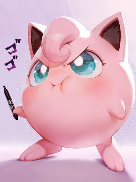 (masterpiece, best quality, very aesthetic, absurdres, highres:1.2), incredible lighting, (jigglypuff, pokemon, round body, puffed cheeks, holding marker, angry:1.2),  dynamic pose, glowing red eyes, menacing stare, jojo pose, rumbling sound fx, <lora:illustriousXL_stabilizer_v1.7:1>, iconic scene, cinematic, cowboy shot, <lora:NOOB_vp1_detailer_by_volnovik_v1:1>, painterly style,  <lora:anmiXLillokrV53P1:0.4>,  <lora:reikolokr_for_illustrious:0.4>,  <lora:10_AESTX:0.4> aestx, brushstroke \(medium\), low angle