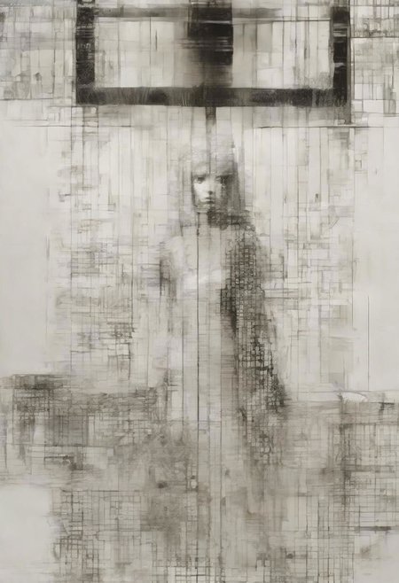 Monochrome black and white, Giger, Beksinski, Zawadzky, Dali, Magritte, Delvaux, Bellmer, Malevitch, Rodchenko, Mondrian, Kandinsky, Popovna, psychedelic hallucination, pop surrealism, rough crosshatch drawing pop art Lunatic_Portrait of a young woman in latex Avant-garde Fashion page, slick back, low bun, black makeup, sinister expression, intense glare, avant-garde, abstract, weird, geometric, constructivism, suprematism, rayonism, verticism, lineism, tj