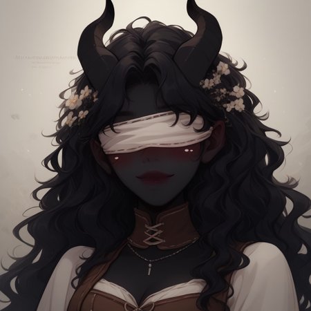 Score_9, Score_8_up, Score_7_up, (masterpiece), best quality, blindfolded, perfect face, perfect anatomy, Tiefling, pointed ears, horns, colored sclera, tail, black skin, anime girl, slim, black hair, wavy hair, median hair length, white flowy dress, brown corset that highlights her small waist, hippie aura, cleavage, romantic perspective, smiling, nervous, blushing, beautiful perspective.