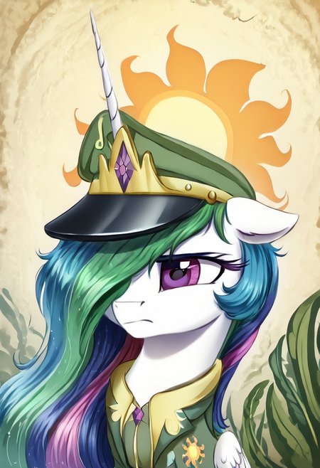 masterpiece, score_9_up, score_8_up, score_7_up, score_6_up, (best quality:1.1), ultra-detailed, high resolution, 1character, Selestia, princess Equestria, alicorn, mlp, feral, white skin, (hair over one eye, one eye covered), <lora:celestia:1>, long eyelashes, single horn, wings of the Alicorn ears, closed mouth, military equestrian uniform, military equestrian patches, peaked cap, detailed facial features, expressiveh, Equestria background, highly visible, sharp focus, anatomically correct, Equestria at War, Portrait of the leader, gas plant, looking at the camera, Tired look,