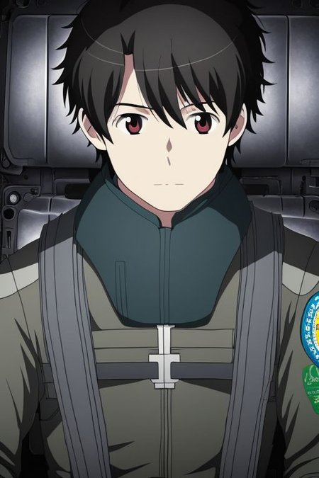 high resolution, solo, best quality, 1Boy, Portrait, Inaho Kaizuka, Black Hair, Pilot, cockpit, Jet Fighter,