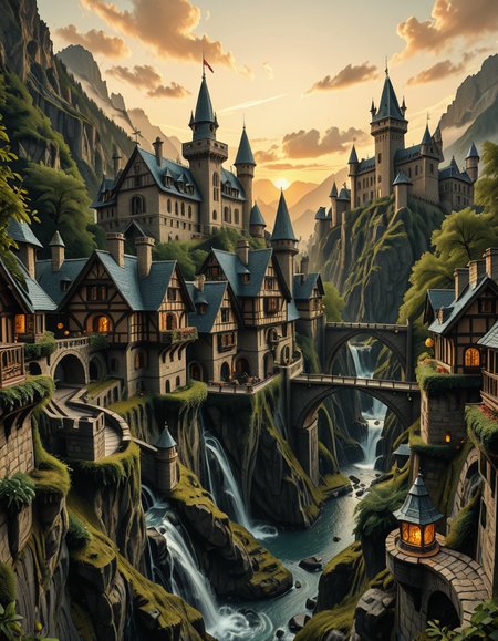 A breathtaking medieval fantasy city nestled in a lush valley, surrounded by towering mountains and dense forests. A grand castle with multiple towers and turrets stands atop a hill, overlooking the town below. The city consists of charming half-timbered houses with glowing windows, perched on rocky cliffs and connected by stone bridges over cascading waterfalls. The river flows through the village, reflecting the warm golden lights of lanterns and torches. Ivy and moss grow over the stone walls, adding to the enchanted, ancient atmosphere. The background features misty mountains with additional fortresses and watchtowers, partially hidden by low-hanging clouds. The sky is illuminated by a soft, warm sunset, casting a golden glow on the scenery, creating a perfect blend of realism and fantasy. Highly detailed, cinematic, and immersive, with a magical, fairy-tale ambiance.
<lora:SDXLFaeTastic2400:0.4> <lora:extremely_detailed:0.4> extremely detailed, ,medieval f4nt4sy c1ty <lora:medieval_f4nt4sy_c1ty-i:1>, Masterpiece,best quality,hi res,8k,hi res,8k,award winning,(sharp focus, intricate, highly detailed),
