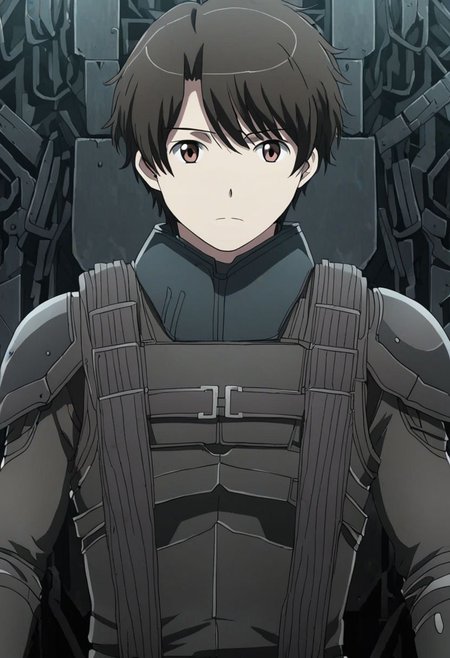 high resolution, solo, best quality, 1Boy, Inaho Kaizuka, Black Hair, Brown Eyes, dystopia, serious looking, armor, fantasy, OverallDetail