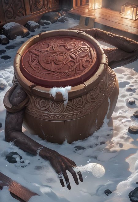 (score_9, score_8_up, score_7_up,) masterpiece, 8k, (highres:1.3), (soft lighting, detailed lighting), detailed face, detailed eye detailed body, (perfect hands, perfect anatomy), (detailed background, snow, hot spring:1.1), concept art, digital art, realistic, solo, RythIFAlexanderPony, Alexander \(Elden Ring\), pot guy, (floating bubbles), bubble bath, soap foam, steamy, view from above, hand up