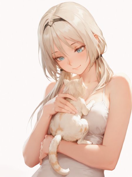(masterpiece, best quality, very aesthetic, absurdres, highres:1.2), incredible lighting, (an-94, white kitten sitting on chest, baby cat, girls frontline:1.2), hair ties, <lora:illustriousXL_stabilizer_v1.7:1>, 1girl, solo, iconic scene, cinematic, fur, <lora:NOOB_vp1_detailer_by_volnovik_v1:1>, painterly style,  <lora:anmiXLillokrV53P1:0.5>,  <lora:reikolokr_for_illustrious:0.4>,  <lora:10_AESTX:0.4> aestx, brushstroke \(medium\), soft smile, simple background,