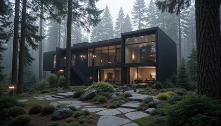 A serene, modernist retreat nestled within a misty forest, featuring expansive glass walls and sleek architectural lines. The buildingâs minimalist design includes dark gray and natural wood materials that harmonize with the surrounding nature. Outside, a smooth stone pathway leads to a wooden staircase, subtly integrated into a meticulously landscaped rock garden with moss-covered stones and lush green shrubs. Tall trees with lantern-style lights add a touch of soft, ambient illumination, enhancing the tranquil atmosphere. Overcast lighting filters through the dense foliage, casting gentle shadows on the scene. Render in the style of Tadao Ando, capturing his emphasis on harmony between architecture and nature, with a hint of Ansel Adams' moody black-and-white contrast. aidmaHyperrealism <lora:aidmaHyperrealismv0.3:0.6>  <lora:Sinfully_Stylish_.02_for_FLUX:0.6> in the style of Jed-clrfl <lora:flux-colourful:0.3>  <lora:FluxDFaeTasticDetails:0.6>