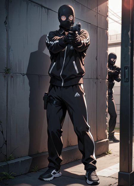 masterpiece,best quality,amazing quality,very aesthetic,absurdres,newest, huge filesize,
<lora:spo_sdxl_10ep_4k-data_lora_webui:0.5>,
<lora:handgun_pony_V1.0:1> holding gun, handgun, aiming,
<lora:the_fable__satou_akira__satou_youko__misaki__ebina_._kojima:0.8>,
1boy, 1man, standing,   Track jacket, black sneaker, handgun,neck,full black clothes,
f_akira, black Balaclava, por killer,