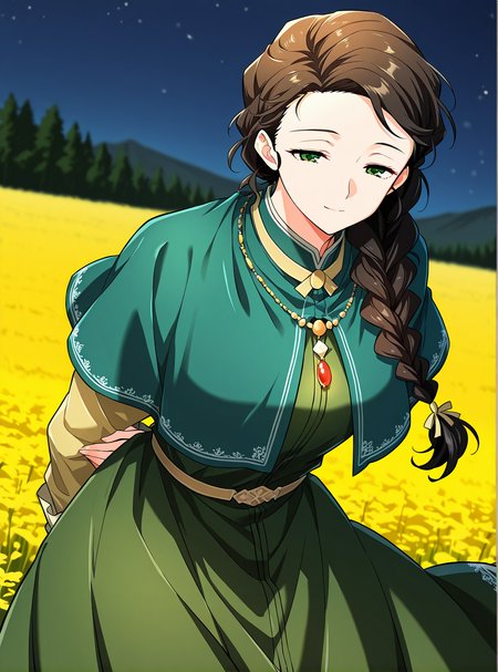 <lora:Silluria_Namaran__The_Greatest_Estate_Designer__Illustrious:1>
1 girl, solo, green eyes, brown hair, black hair, long hair, braid, single braid, braided ponytail, hair over shoulder
green dress, long sleeves, capelet, layered sleeves, short over long sleeves, necklace, jewelry, <lora:DetailedEyes_V3:1>
score_9, score_8_up, score_7_up, very aesthetic, source_anime, detailed, high quality, beautiful, masterpiece, detailed eyes, field, blurry background, pose dynamic angle, upper body, cowboy shot, light smile, floating hair, half-closed eyes, hands behind back, leaning forward, looking forward, looking at viewer, night