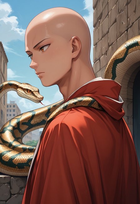 score_9,score_8_up,score_7_up,score_6_up,score_5_up,source_anime, back view,1man, saitama, bald, brown eyes 30yo, standing, looking back , wearing cape from metallic snake skin, bored, snake, snake on shoulders, upper body