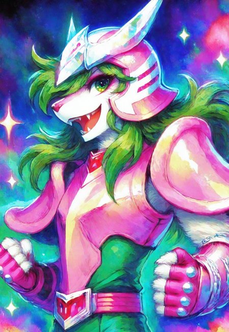 luzede, rdf02, ermi, ANDROMESHUN, ANDRSHUNV1, 1boy, slender figure, pink pauldrons, pink two pronged helmet, long wavy green hair, green eyes, full torso armor, pink vambraces, fingerless pink gloves, pink thighhigh greaves, green pants, pink belt, upper body, abstract background, fbd colors, colored outlines, colored lineart, smile, happy, sparkle, :d, teeth, looking at viewer, side glance,

masterpiece, best quality, amazing quality