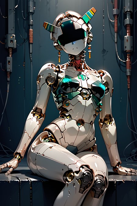 skinny, skinny legs, medium breasts, <lora:Aff_anne_droid_2_:1> anne_droid, droid, a humanoid female robot, smooth featureless face, robot joints, body made of metals, body panelling)), ((body made of shiny white metal)), white metal skin, (entirely white skin), industrial cyberpunk setting, digital eyes,, score_9, score_8_up, score_7_up, score_6_up, score_5_up, score_4_up