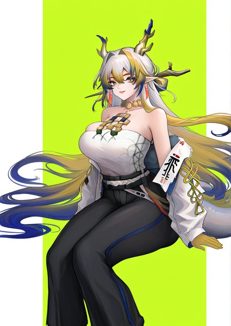 <lora:ç»zçhuizjie:1>,1girl, shu (arknights), huge breasts, wide hips, bare shoulders, black pants, blue eyes, blue hair, closed mouth, colored skin, dragon girl, dragon horns, dragon tail, floating hair, from side, green background, green hair, grey hair, hair between eyes, hair intakes, hair spread out, horns, invisible chair, jacket, long hair, long sleeves, looking at viewer, multicolored hair, off shoulder, open clothes, open jacket, pants, pointy ears, shirt, sidelocks, sitting, smile, solo, strapless, strapless shirt, streaked hair, tail, two-tone background, very long hair, white jacket, white shirt, 
masterpiece, best quality, highres, absurdes,amazing quality