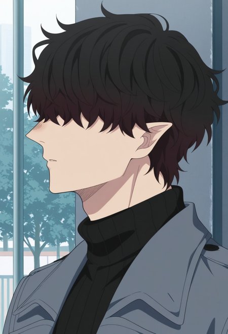 masterpiece,best quality,amazing quality, source_anime, 
Warumonosan, 1boy, male focus, solo, pointy ears, hair over eyes, brown hair, sweater, black sweater, turtleneck, coat, grey coat, open coat, portrait,
outdoor,