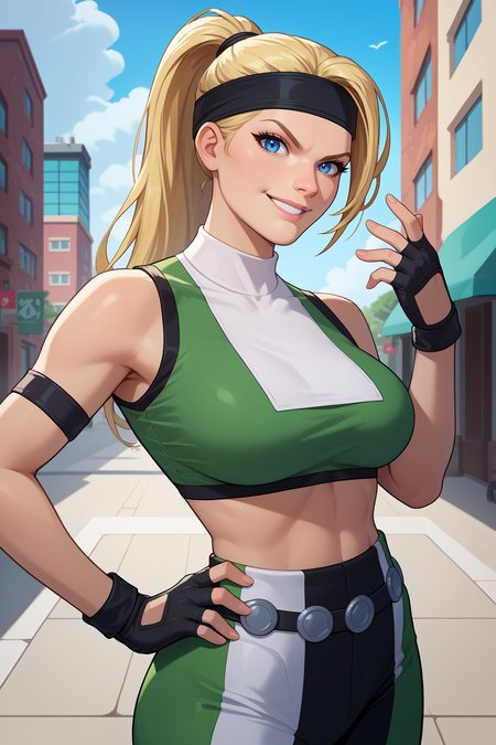 score_9, score_8_up, score_7_up, score_6_up, source_anime, 1girl, solo <lora:sonyablade-pdxl-nvwls-v1-000005:1> m3sb, blonde hair, high ponytail, blue eyes, black headband, green and white crop top, two-tone crop top, midriff, sleeveless, green pants, multicolored pants, black gloves, fingerless gloves, white shoes, upper body, smirk, hand on hip, looking at you, city, blue sky, large breasts, fit