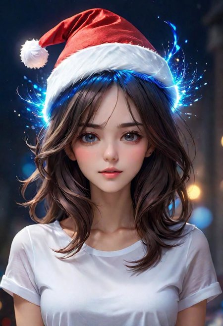 (masterpiece), 
1girl,
christmas hat,
white shirt,
blue aura light, blue energy,
brown hair,, floating hair, 
upper body shot, 
HDR, highly detailed, 32k, 
(sexy) mood, 
perfect face feature,