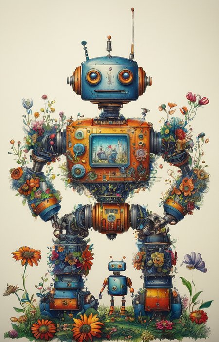 masterpiece,best quality,<lora:tbh237-sdxl:0.8>,illustration,style of  Johanna Basford portrait of Housework robots
