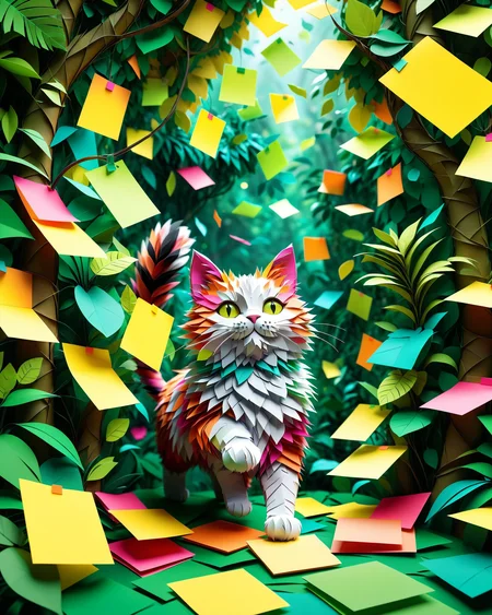 (masterpiece:1.2), (best quality:1.2), highly detailed, realistic texture, sharp details, extremely delicate and beautiful, realistic cg 8k wallpaper
<lora:add-detail-xl:1> <lora:StickyNotesStyle:0.6>  <lora:TQ_-_Paper_Quilling_Art_XL_r1:0.5> (cute:1.2), whimsical, Jed-StickyN, 
 a fluffy Miane cat mid-leap through a dense jungle canopy, where the leaves and vines are bright neon sticky notes, chaotic motion blur, light filtering through the papery foliage, enchanted forest tone