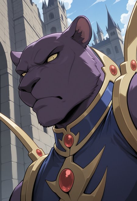 masterpiece,best quality,amazing quality, 1boy, solo, p4nth3rW, panther boy, dark purple fur, yellow sclera, no pupils, blue chest plate,  close angle, side angle, serious, looking towards viewer, castle,