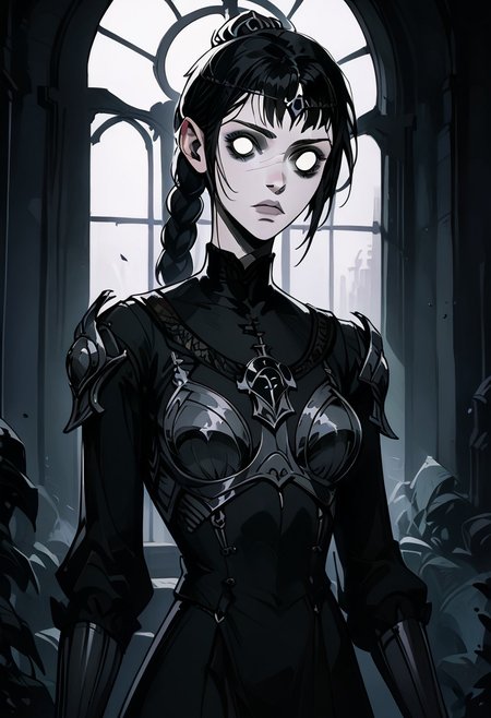 score_9, score_8_up, score_7_up, score_6_up, 1girl, solo, shadowheart, medium breasts, black  hair, black cleric armor, calm, detailed background, church window background, vitrage, GTHAN, blank eyes, dontstarvestyle, muted colors, Gothic, no pupils