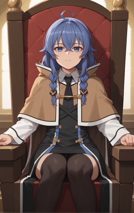 score_9, score_8_up, score_7_up, BREAK
Capelet_RoxyMigurdia_ownwaifu, 
1girl, blue eyes, blue hair, brown capelet, capelet, roxy migurdia, white dress, long hair, hair between eyes, braid, twin braids, brown cape, crossed bangs, long sleeves, bangs, black skirt, white shirt, dress, collared shirt, shirt, cloak,
(sitting on throne, sitting, throne), throne room, straight-on, curtains, light particles, bokeh, loaded interior, indoors, <lora:PONYXL_MushokuTensei_RoxyMigurdia_ownwaifu:0.75>, solo,