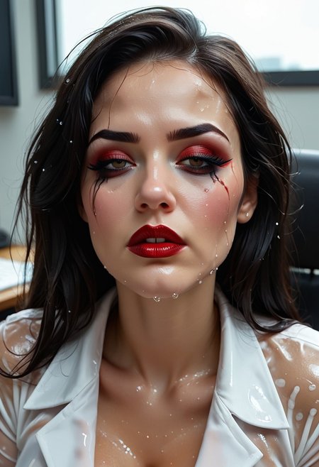 Rapes Busty strict hot office lady boss, dark hair, dark makeup, Red lips, light short white office dress, deep neckline, wet, hot, Tired