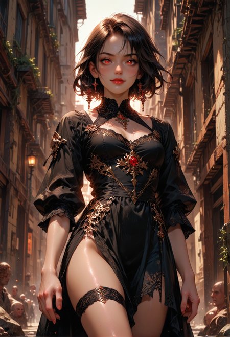 score_9,score_8_up,score_7_up,embedding:zPDXL2, film grain,Cinematic Lighting, Expressiveh,th3rm4l,colorful, MythAn1m3, source_anime, 1girl, vampire, dark dress, thigh strap, red lips, blush, smile, black hair, red eyes,fantasy,solo focus,epic, dynamic angle, concept art, realistic, highly detailed<lora:增强\(收藏)\sdxl_lightning_8step_lora.safetensors:1.0:1.0> <lora:增强\(收藏)\Expressive_H-000001.safetensors:0.4:0.4> <lora:增强\(收藏)\Hands XL 4.safetensors:1.0:1.0> <lora:增强\(收藏)\glowneon_xl_v1.safetensors:0.5:0.5> <lora:extremely detailed (no trigger).safetensors:0.75:0.75> <lora:增强\(收藏)\sinfully_stylish_PONY_0.2.safetensors:0.4:0.4> <lora:Velvet's Mythic Fantasy Styles Anime Illustrations.safetensors:0.8:0.8>