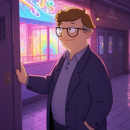 ((masterpiece, amazing_quality, colorful, detailed background, vibrant, very aesthetic, luminous lighting)), (toon \(style\):0.4), <lora:bb-mort-09:1> bb-mort, (chubby:0.5), 1boy, glasses,