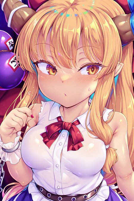 shiny skin, posing,
<lora:toraishi.il:1>,
toraishi,
clothed girl, 
safe, general, 
ibuki suika, 
large breast, 
dress, shirt,