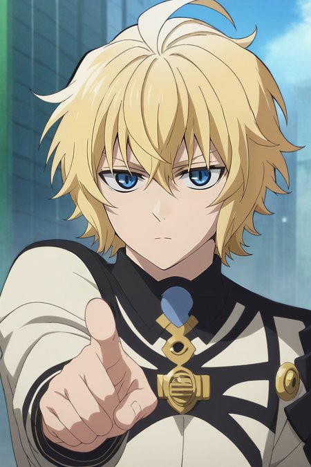score_9, score_8_up, score_7_up, source_anime, intricate details, anime screencap, , official style, looking at viewer, , , 1boy, solo, male focus, <lora:mikaela_hyakuya_pony:0.9>, mikaela_hyakuya, blonde hair, blue eyes, short hair, hair between eyes, bangs, ahoge, , flat cap, aztec, One hand pointing, signaling direction, <lora:sdxl_lightning_8step_lora:1>