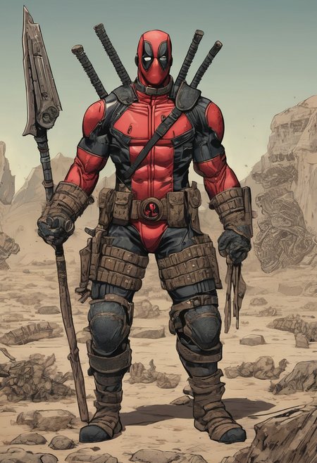 Deadpool \(Marvel Comics\) reimagined by (William Stout:1.2) features a distinct paleontological twist. His suit, traditionally red and black, now has a (textured, fossil-like appearance:1.3), mimicking ancient bones embedded within the fabric. (Armored scales:1.2) replace smooth areas, suggesting a prehistoric armor. Deadpool's (tactical belt:1.1) is adorned with (ornate, fossilized artifacts:1.2), and his weapons resemble (stone and bone tools:1.2). He stands in a (deserted landscape:1.2) scattered with (dinosaur skeletons and arid flora:1.3), blending action and ancient history in Stout's detailed, illustrative style.