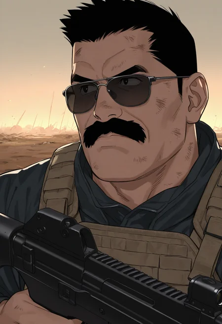 1boy, tactical clothes, battlefield, sunglasses, holding gun, close-up, closed mouth, looking afar, dirty face, 
BREAK
<lora:Police_commissioner_from_Hairy_Oracle_by_Gengoroh_Tagame_v0.1:1>
keijisan, mature male, thick mustache, sideburns, black eyes, black hair, short hair, thick arms, 
BREAK
best quality, masterpiece, very aesthetic, absurdres, highest detailed,