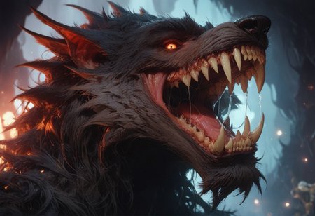 score_9, score_8_up, score_7_up, score_6_up, ,  , volumetric lighting,  ,, gothic  , gorgeous view, , , , , looking at viewer, located in a cave, dark cavern,  werewolf, teeth, saliva,  upper body,  hairy