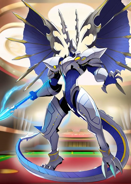 sfw, masterpiece, best quality,absurderes,solo,1man,dorugoramon knight, wings,horns,holding spear,full body,shaded face,tail,indoors,casino,fighting stance,ultimate,persona 5 anime sceencap,yellow eyes,grin  <lora:DorugoramonIllustrious:0.92>