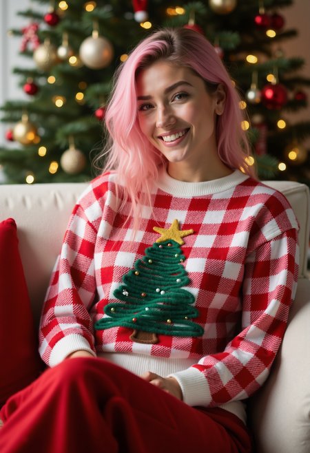 clo031, full body shot, beautiful woman, pink styled hair, smiling, wearing a red-and-white checkered knit sweater with a fuzzy green Christmas tree design and a gold star on top, soft textures, long cozy pants, red christmas socks. lying on a couch in front of a christmas tree, in a cozy living room