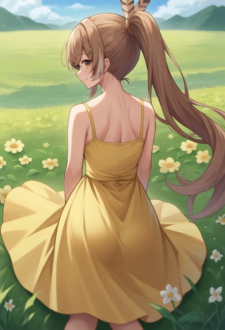 score_9, score_6_up, source_anime, 1girl, solo, flower field, mumei, ponytail, very long hair, feather hair ornament, hairclip, yellow sundress, from behind, ass, light smile <lora:mumeiXL:0.8>