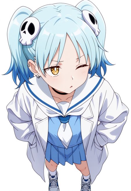 masterpiece,high quality details, absurdres,
 <lora:Izutsumi_Marín:0.8>
izutsumi_cnr, 1girl, blue hair,yellow eyes, multicolored hair,  skull hair ornament, twintails, black choker,ear piercing,
white sailor collar, blue serafuku, blue shirt,blue skirt,labcoat, white socks, sneakers,, envy,thinking,, ;o,, simple background, white background, from above,solo,