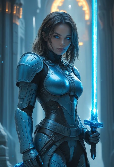 1woman, heavy scifi armor, Holding Plasma Sword, blue plasma sword, temple background,