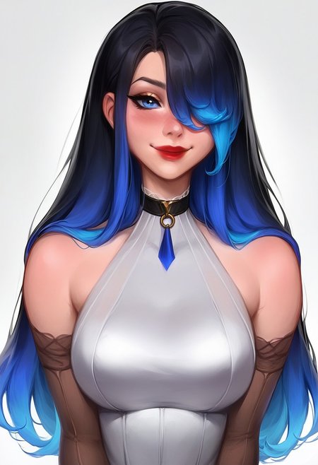 score_9, score_8_up, score_7_up, 
k1itt3w, kittewartstyle, Kittew Art Style,
rating_safe, 
1girl, solo, long hair, breasts, looking at viewer, blush, smile, bangs, blue eyes, large breasts, black hair, closed dress, gloves, dress, bare shoulders, closed mouth, blue hair, upper body, multicolored hair, elbow gloves, hair over one eye, collar, lips, gradient hair, red lips,