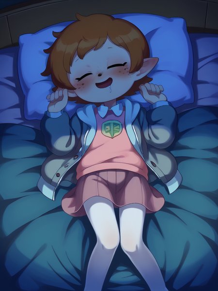score_9, score_8_up, score_7_up, source_anime, BREAK
1girl, solo,  <lora:Miwako-20:1> grey sweater, pink skirt, denim jacket, pink shirt collar, black eyes, white pantyhose, no shoes, disheveled, messy clothes, laying on back, eyes closed, asleep, open mouth, drooling, on bed, blush, light smile, night, dark, low light,  <lora:lowlight:1>, <lora:Popipi:0.8> popipi, lalafell, blue eyes, ginger hair, (very short hair), freckles, pointed ears, shortstack, flat chest, brown nose, plump