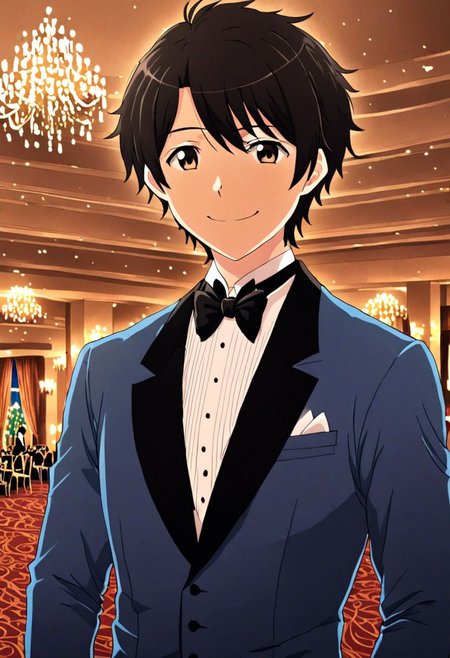 high resolution, solo, best quality, 1Boy, Inaho Kaizuka, Black Hair, luxury hotel, Ballroom, tuxedo, smile, confident, OverallDetail