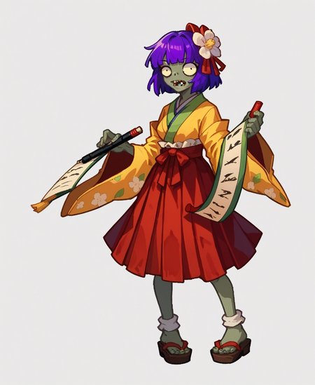 score_9, score_8_up, score_7_up, score_6_up,solo,solo focus,full body, 
 <lora:[Pony]PVZZ-20240629-1428:1>pvzz,zombie,
 <lora:akyuu.pony:.9> akyuu,purple hair, yellow kimono,red_skirt,  hair flower, 
.white background,cartoon ,