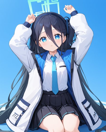 arisu \(blue archive\),1girl, solo, black_skirt, pleated_skirt, blue_necktie, black_hairband, looking_at_viewer, white_shirt, collared_shirt, sitting, long_sleeves, one_side_up, arm_up, parted_lips, open_jacket, halo, white_jacket, school_uniform, blue_background, :o
<lora:arisu_(blue_archive)_image2965_2023-11-25:1>halo. gorgeous,key visual, vibrant, studio anime,award-winning, professional, highly detailed,high budget, cinemascope