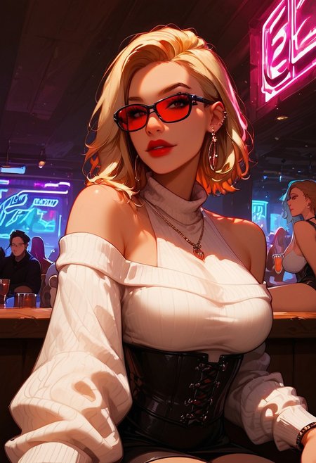 score_9,score_8_up,score_7_up,score_6_up,score_5_up, best_quality, ultra-detailed, masterpiece, close up, 
1girl, jewelry, glasses, earrings, corset, looking at viewer, red nails, ring, bare shoulders, red lips, tinted eyewear, ribbed sweater, sleeveless sweater, turtleneck, black nails, black skirt,
Break
In a night club, sitting at the bar, looking from across the counter, neon lights, dark interior, neon glow, shadows, dim lighting, low light, dark,
