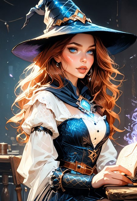 Safe_pos, (score_9, score_8_up, score_8), ((zPDXL3)), ((zPDXLxxx)), ultra detailed, high resolution, high quality, masterpiece, intricate details, intricate body, intricate landscape, knva, Expressiveh, hkmagic, missfortune, European Instagram Model, Sorceress, Wizard, Casting Thunder Magic Spells, Magic Circle, Thigh Strap, Tavern, midnight, 1girl, source_cartoon, Petite, ((Dark-Auburn Hair, Blue Eyes, Full Lips, Delicate and Smooth Skin, Blush Perfect Body, Highly Detailed, Glossy Lips)), ((Witch Hat)), Beautiful, Attractive, (Long Hair, Shiny Hair), (perfect round breasts, large breasts), (Wizard), ((Femme Fatale)), Tight-Fitting Blue-and-White Dress, Corset, Sexy, Belt, Brown Thigh-High Boots, Fantasy, Medieval, ((Extremely Detailed Face and Eyes)), Looking at Viewer, (Flirty Smile), Soft Lighting, Warm Lighting, Unique Angle, Unique Perspective, Dramatic Angle, ((Full Body)), From Above, Side Shot, ((Sitting on Tabletop, Arched Back, Leaning Back)), Tomes in Background, Magic Book, Ritual
<lora:add-detail-xl:1.5>,
<lora:Expressive_H:0.7>,
<lora:Kenva:1>,
<lora:incase_2024_new_style_upscaled_with_big_images:0.8>,
<lora:missfortune:0.65>,
<lora:Fantasy_Wizard__Witches_Pony:0.4>,
