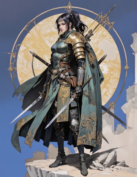 Art by Zhang Jing. A digital illustration shoot from a profile camera angle about a warrior in ornate armor holding a bow and arrow, standing confidently in a dramatic pose. the image also shows a fantasy setting with a blue and gold gradient background. on the middle of the image, a 1woman, who appears to be in her mid-twenties, with long black hair styled in twin ponytails, is standing with her full body facing the viewer. she has a serious expression on her face. she is wearing a dark green and gold armor with intricate patterns, a long green cloak draped over her shoulders, and she is holding a sword in her right hand, a katana in her left hand, and a crossbow in her other hand. her armor is detailed with a metallic sheen, and her hair is adorned with a hairband. her body is slim and muscular, with a focus on her warrior physique.